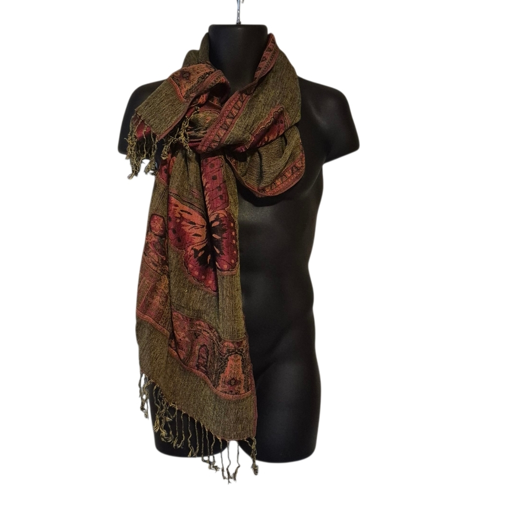 Butterfly Scarf With Fringe Rust Tones